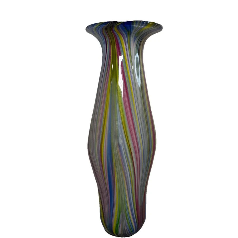 Hand Blown Rainbow Striped Art Glass Vase Tall Hourglass Multicolor 18.5 Inch